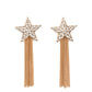 Paparazzi Accessories - Superstar Solo - Gold Star Earrings a curtain of gold chains streams out from the bottom of an oversized gold star encrusted in blinding white rhinestones, resulting in a stellar tassel. Earring attaches to a standard post fitting.  Sold as one pair of post earrings.