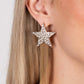 Paparazzi Accessories - Superstar Solo - Gold Star Earrings a curtain of gold chains streams out from the bottom of an oversized gold star encrusted in blinding white rhinestones, resulting in a stellar tassel. Earring attaches to a standard post fitting.  Sold as one pair of post earrings.