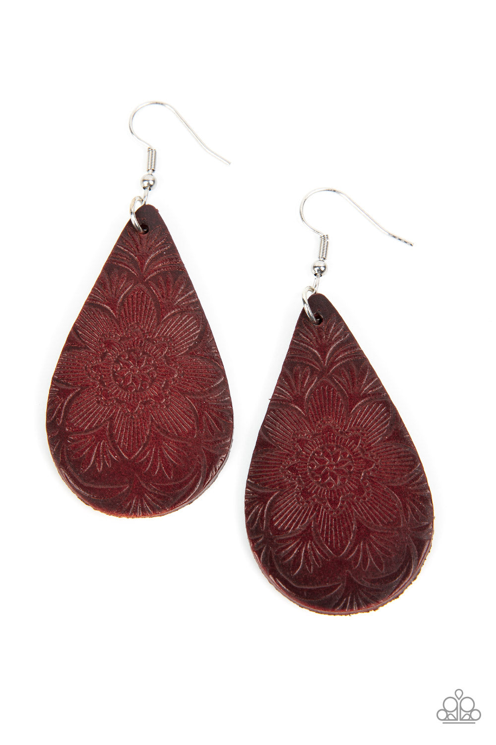Paparazzi Subtropical Seasons - Brown Leather Earrings embossed in a tropical floral pattern, a distressed brown leather teardrop swings from the ear for a whimsically rustic flair. Earring attaches to a standard fishhook fitting.  Sold as one pair of earrings.