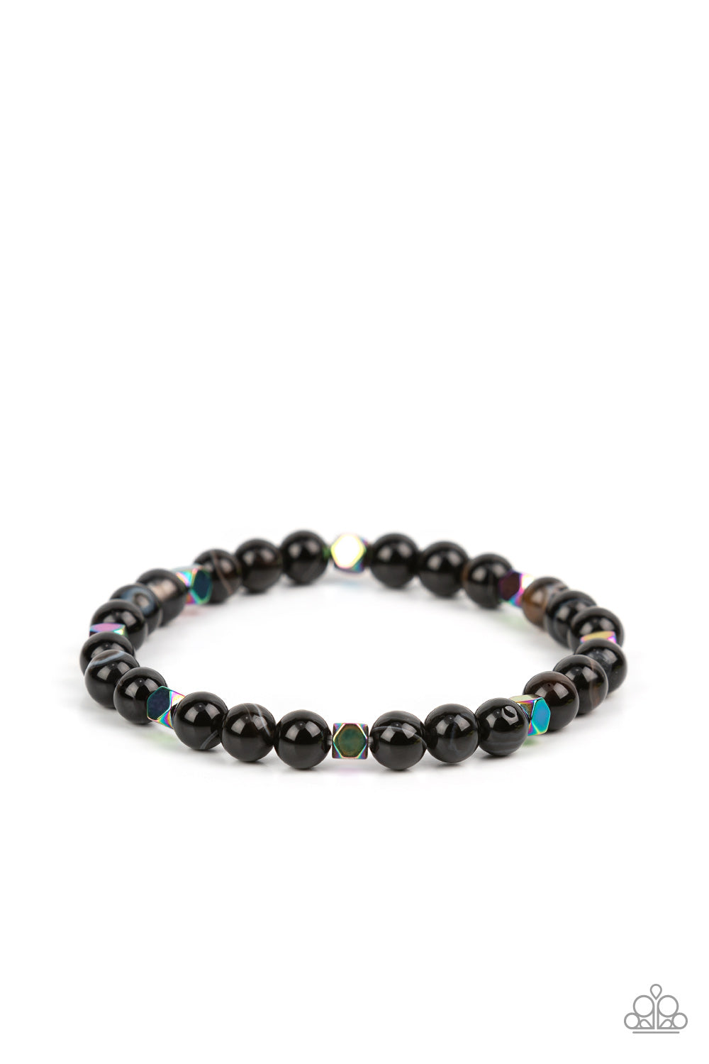 Interstellar Solitude - Black Stone Oil Spill Bracelets - Paparazzi Accessories a dainty collection of natural-finished black stone beads and faceted metallic oil spill cube beads are threaded along a stretchy band around the wrist for an earthy flair.  Sold as one individual bracelet.