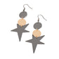 Star Bizzare - Multi Star Earrings an asymmetrical gunmetal star radiates from two linked flat gold and gunmetal discs, resulting in a stellar lure. Earring attaches to a standard fishhook fitting.  Sold as one pair of earrings.