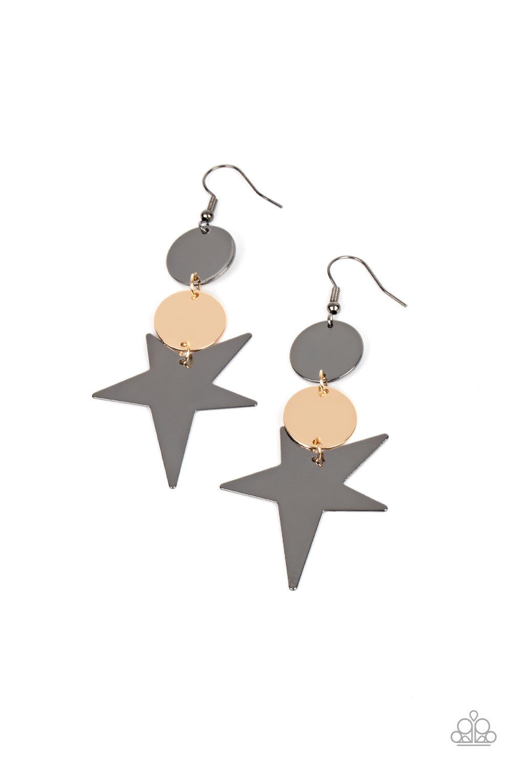 Star Bizzare - Multi Star Earrings an asymmetrical gunmetal star radiates from two linked flat gold and gunmetal discs, resulting in a stellar lure. Earring attaches to a standard fishhook fitting.  Sold as one pair of earrings.
