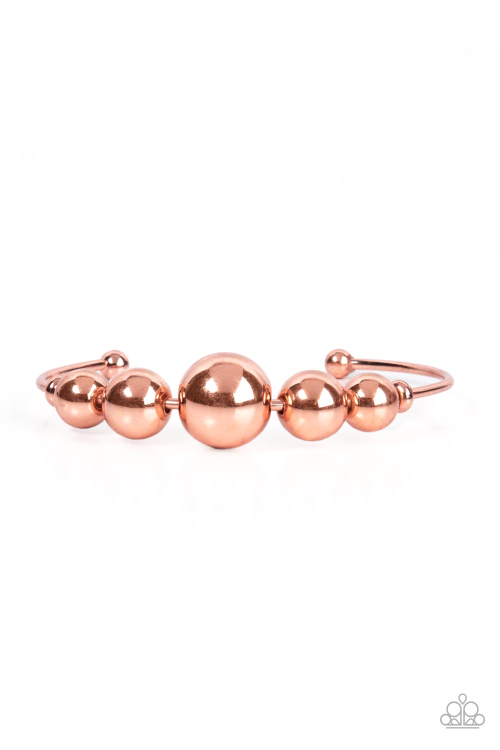 Paparazzi Accessories - Bead Creed - Copper Cuff Bracelets gradually increasing in size, an oversized collection of shiny copper beads are threaded along a dainty shiny copper cuff for a dramatic industrial display.  Sold as one individual bracelet.