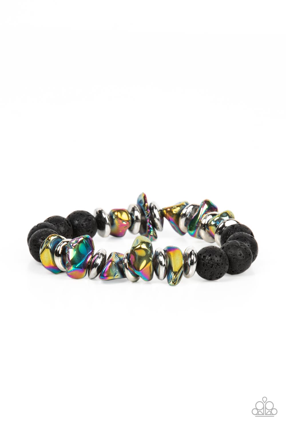 Volcanic Vacay - Multi Lava Bead Bracelets  an earthy collection of black lava rock beads, dainty silver discs, and oil spill metallic pebbles are threaded along a stretchy band around the wrist, resulting in an edgy look.  Sold as one individual bracelet.