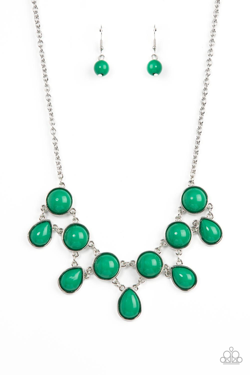 Paparazzi Accessories - Very Valley Girl - Green Necklaces a refreshing collection of Leprechaun teardrop beads links to the bottom row of oversized round Leprechaun beads, interlocking into a glamorous pop of color below the collar. Features an adjustable clasp closure.  Sold as one individual necklace. Includes one pair of matching earrings.