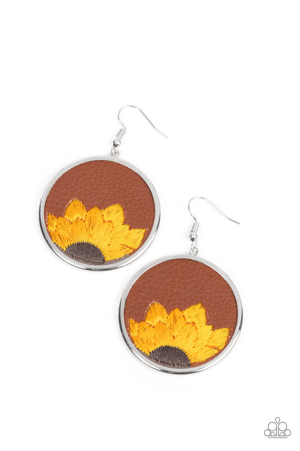Sun-kissed Sunflowers - Brown Leather Earrings golden yellow and brown threaded sunflower is stitched into the bottom of a brown leather frame that is encased in a sleek silver frame, resulting in a whimsical floral fashion. Earring attaches to a standard fishhook fitting.  Sold as one pair of earrings.