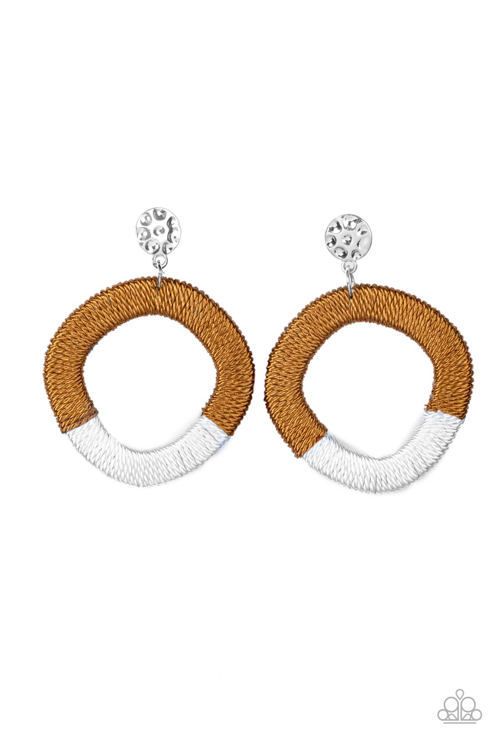 Thats a WRAPAROUND - Brown Threaded Earrings a hammered silver disc gives way to a wooden frame decoratively wrapped in shiny white and brown threaded accents, creating a colorful lure. Earring attaches to a standard post fitting.  Sold as one pair of post earrings.