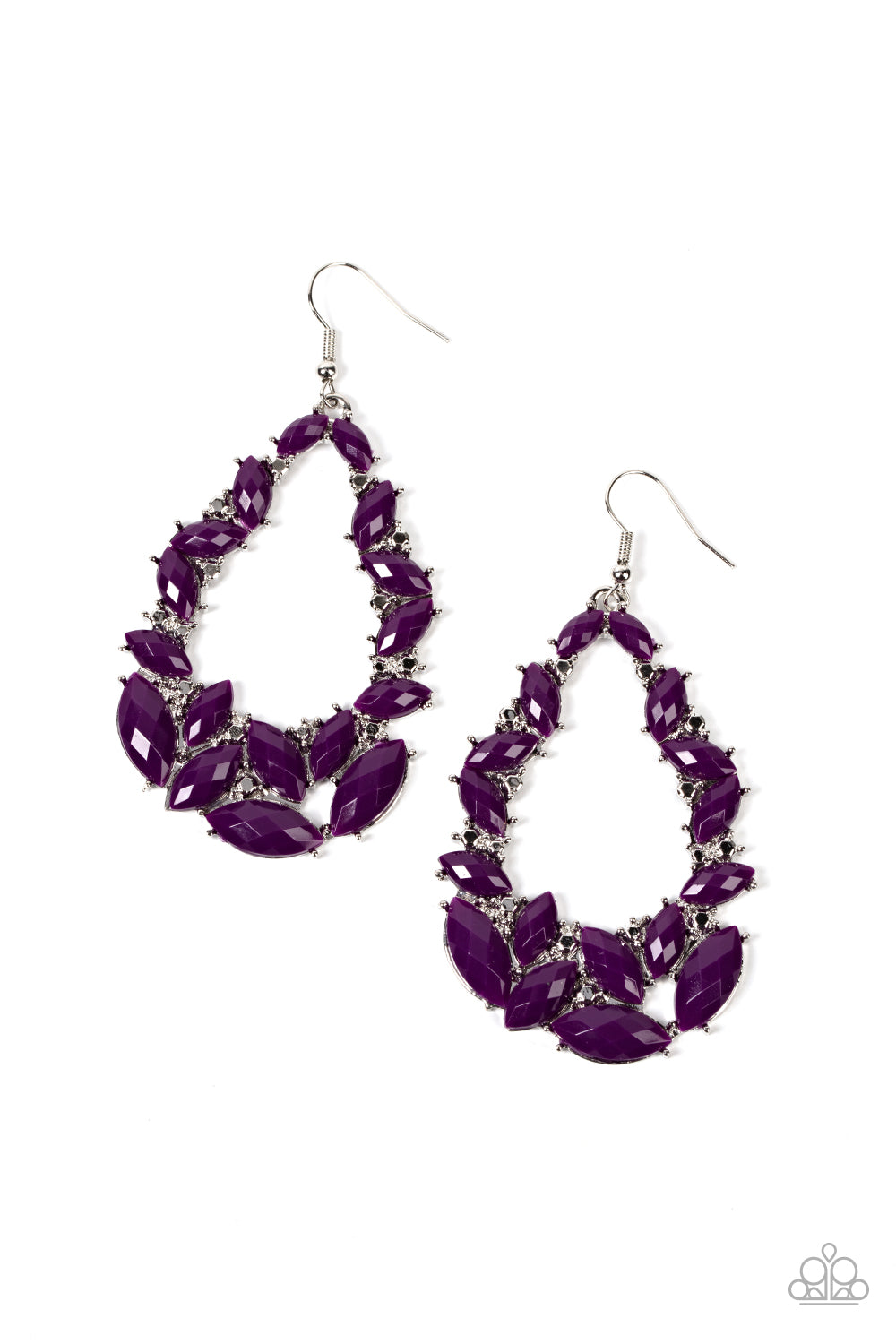 Tenacious Treasure - Purple Teardrop Earrings  featuring pronged silver fittings, a glimmering collection of faceted plum marquise beads coalesce into a glamorous teardrop. Faceted silver accents are sprinkled through the design, adding a spritz of metallic shimmer. Earring attaches to a standard fishhook fitting.  Sold as one pair of earrings.