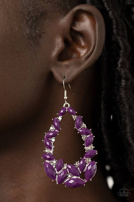 Tenacious Treasure - Purple Teardrop Earrings  featuring pronged silver fittings, a glimmering collection of faceted plum marquise beads coalesce into a glamorous teardrop. Faceted silver accents are sprinkled through the design, adding a spritz of metallic shimmer. Earring attaches to a standard fishhook fitting.  Sold as one pair of earrings.