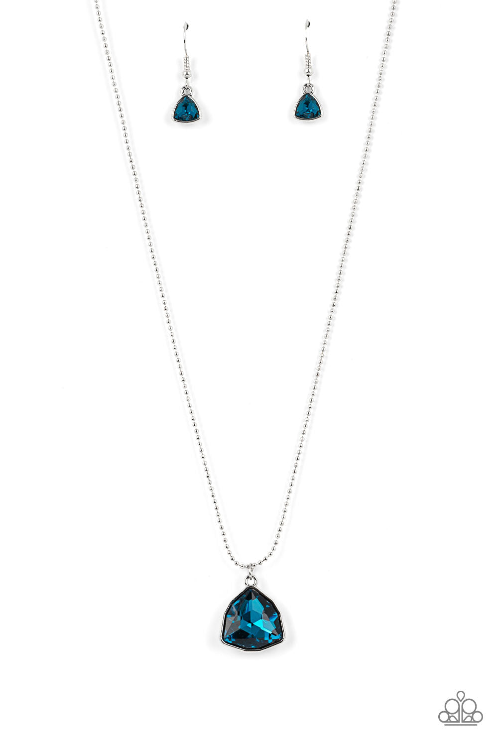 Galactic Duchess - Blue Rhinestone Necklaces faceted asymmetrical blue gem is encased in a sleek silver frame at the bottom of a silver popcorn chain, creating a stellar pendant below the collar. Features an adjustable clasp closure.  Sold as one individual necklace. Includes one pair of matching earrings.