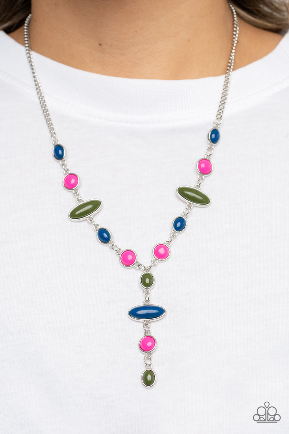 Paparazzi Accessories - Authentically Adventurous - Multi Necklaces encased in sleek silver frames, bubbly Mykonos Blue, Olive Branch, and Fuchsia Fedora oval and round beads link into a colorful display, resulting in a playful extended pendant below the collar. Features an adjustable clasp closure.  Sold as one individual necklace. Includes one pair of matching earrings.