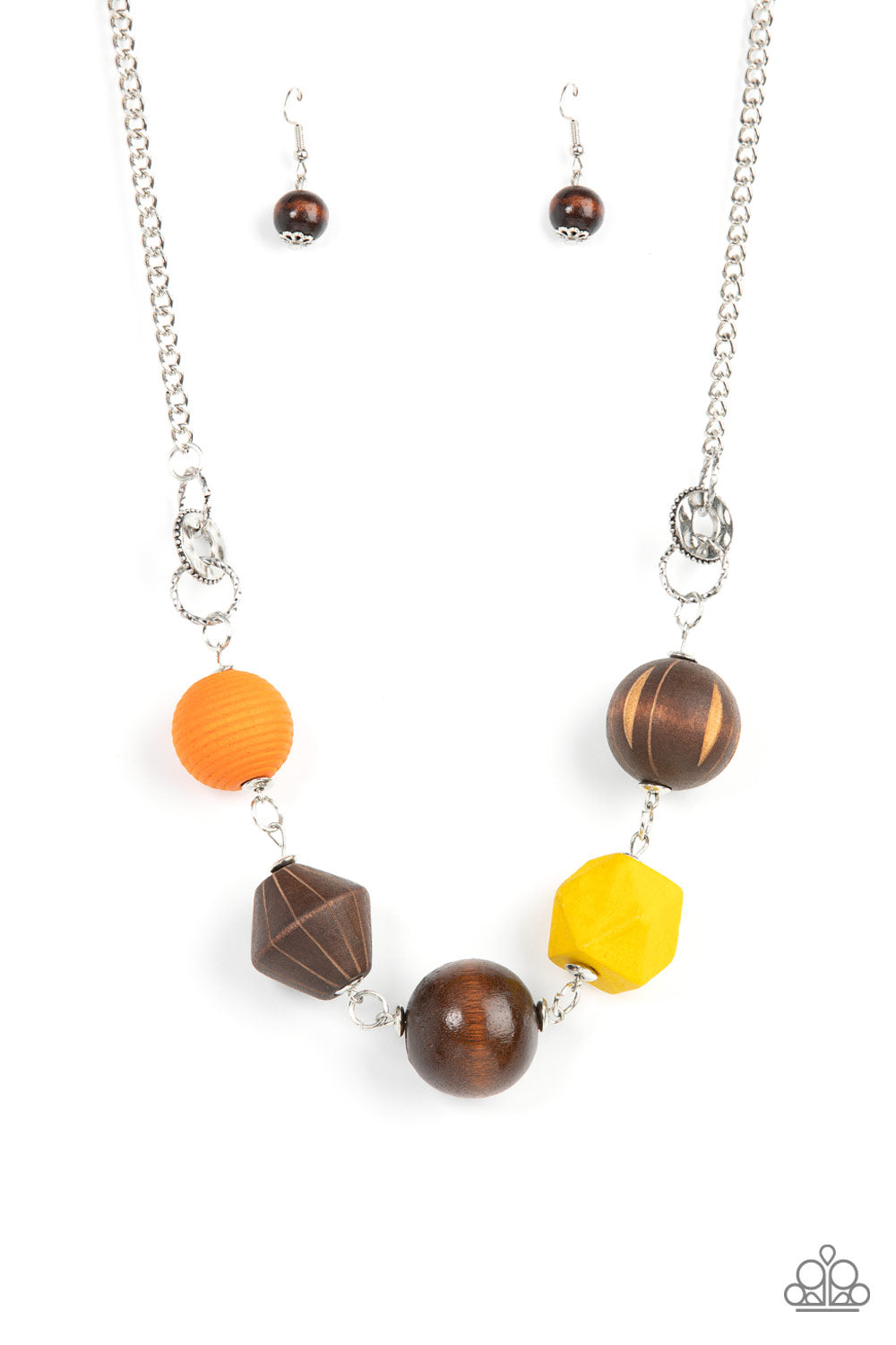 Paparazzi Eco Extravaganza - Multi Necklaces an infused with yellow and orange wooden beads, a mismatched assortment of studded silver hoops, textured silver rings, and oversized brown wooden beads delicately connect across the chest for a stylishly handcrafted fashion. Features an adjustable clasp closure.  Sold as one individual necklace. Includes one pair of matching earrings.