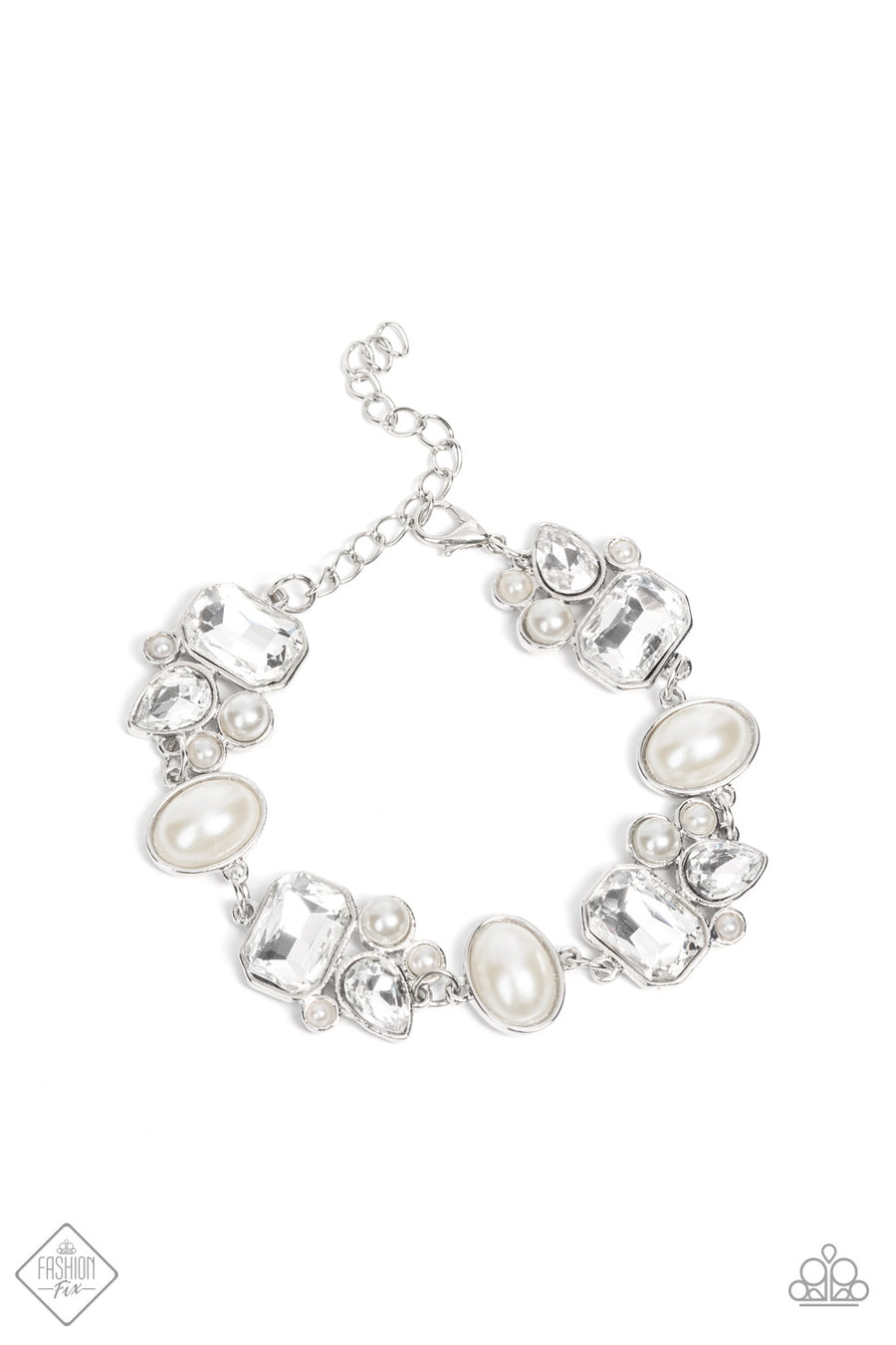 Best in SHOWSTOPPING - White Pearl Bracelets showstopping teardrop and emerald cut rhinestones, accented with bubbly pearl beads, coalesce into stunning asymmetrical frames. A trio of elegant white oval pearl beads delicately alternate with the asymmetrical renditions for a glamorous finish around the wrist. Features an adjustable clasp closure. Sold as one individual bracelet.