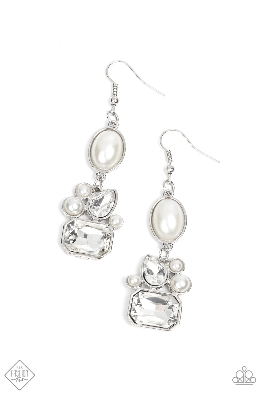 Showtime Twinkle - White Pearl Earrings elegant white oval pearl bead encased in a sleek silver frame gives way to an asymmetrical collection of bubbly pearl beads and sparkling teardrop and emerald cut rhinestones, resulting in an exquisite lure. Earring attaches to a standard fishhook fitting.  Sold as one pair of post earrings.