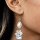 Showtime Twinkle - White Pearl Earrings elegant white oval pearl bead encased in a sleek silver frame gives way to an asymmetrical collection of bubbly pearl beads and sparkling teardrop and emerald cut rhinestones, resulting in an exquisite lure. Earring attaches to a standard fishhook fitting.  Sold as one pair of post earrings.