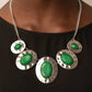 Paparazzi Accessories - Rivera Rendezvous - Green Necklaces gradually increasing in size, hammered silver oval frames are dotted with opalescent Leprechaun beads as they delicately link below the collar for a refreshing pop of color. Features an adjustable clasp closure.  Sold as one individual necklace. Includes one pair of matching earrings.