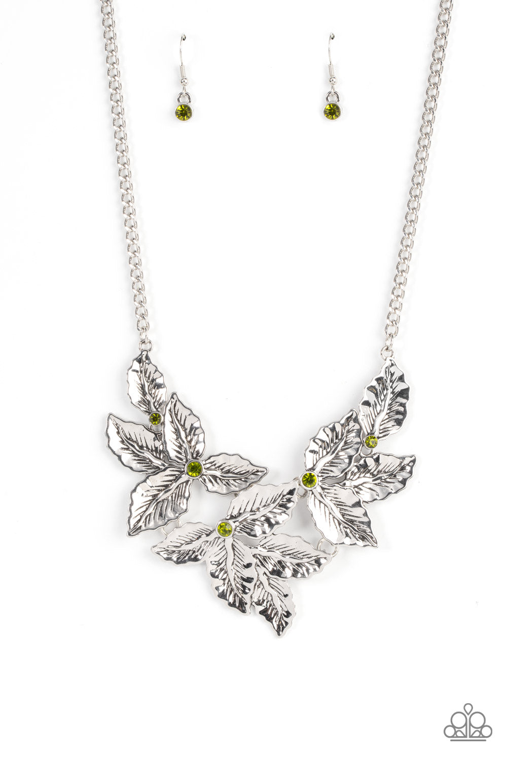 Paparazzi Accessories - Holly Heiress - Green Necklaces a textured collection of silver holly-like leaves are dotted with dainty green rhinestones as they bloom below the collar, invoking a festive spirit. Features an adjustable clasp closure.  Sold as one individual necklace. Includes one pair of matching earrings.