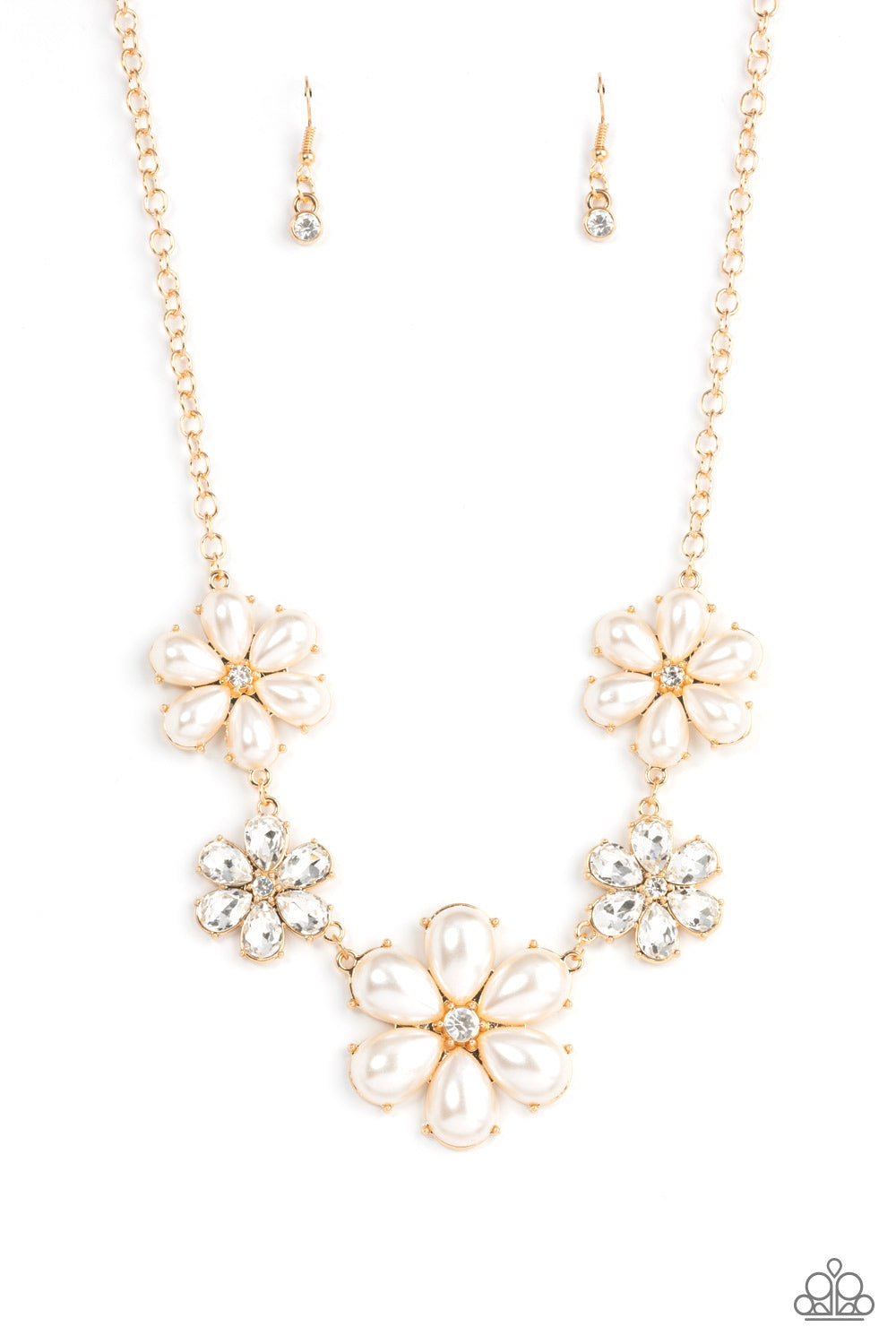 Fiercely Flowering - Gold Floral Necklaces featuring glassy white rhinestone centers, bubbly pearl petaled gold flowers gradually increase in size as they alternate with white rhinestone petaled flowers below the collar for a fierce floral fashion. Features an adjustable clasp closure.  Sold as one individual necklace. Includes one pair of matching earrings.