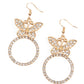 Paradise Found - Gold Rhinestone Butterfly Earrings a white rhinestone encrusted gold butterfly flutters atop a gold ring dotted in matching white rhinestones, resulting in a dazzling statement piece. Earring attaches to a standard fishhook fitting.  Sold as one pair of earrings.