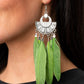 Plume Paradise - Green Feather Earrings oversized green feathers swing from the bottom of an ornately hammered and stacked silver frame, resulting in a flirtatiously colorful fringe. Earring attaches to a standard fishhook fitting.  Sold as one pair of earrings.
