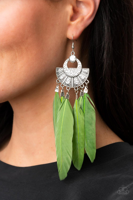 Plume Paradise - Green Feather Earrings oversized green feathers swing from the bottom of an ornately hammered and stacked silver frame, resulting in a flirtatiously colorful fringe. Earring attaches to a standard fishhook fitting.  Sold as one pair of earrings.