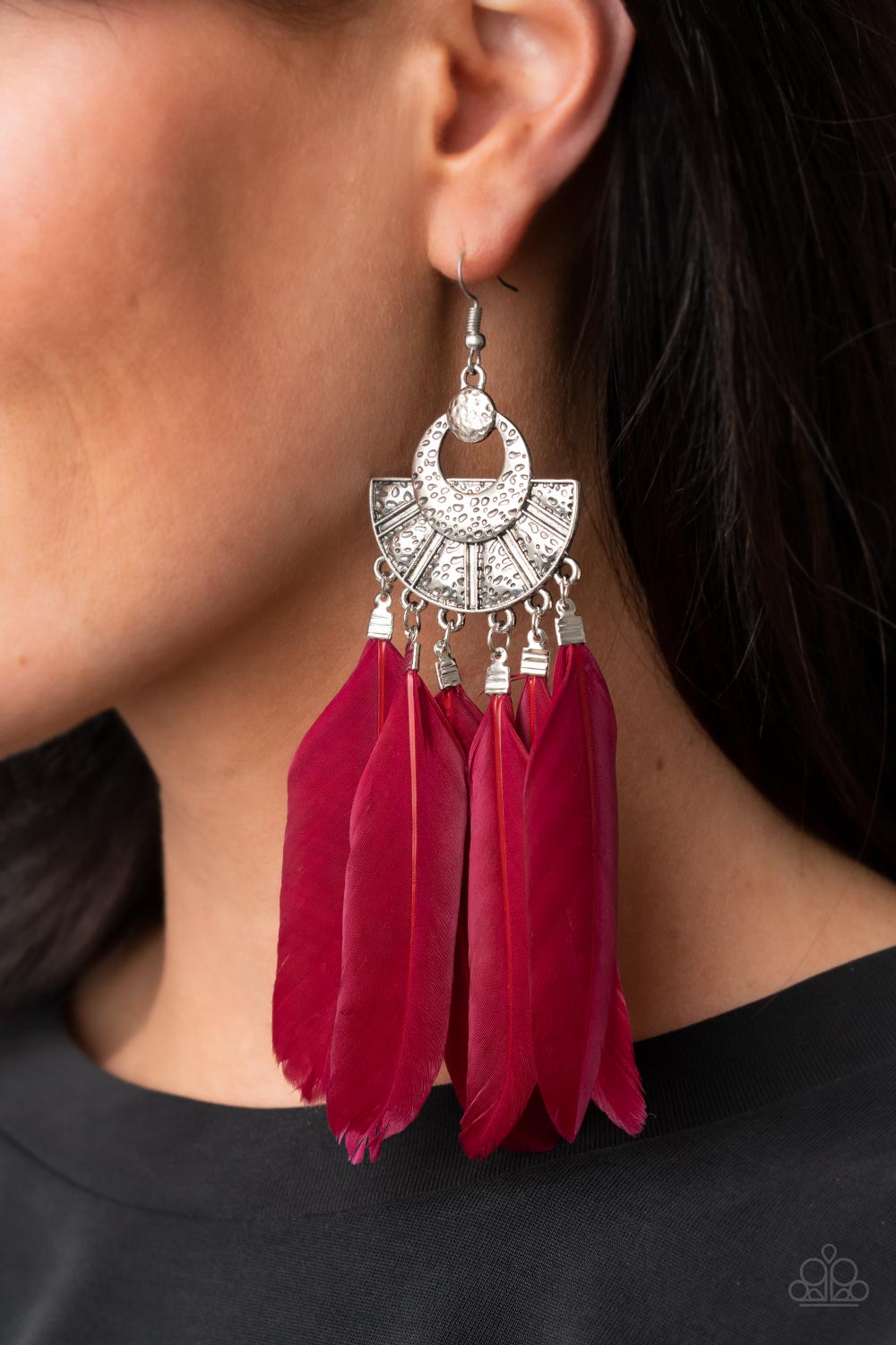 Plume Paradise - Red Feather Earrings oversized red feathers swing from the bottom of an ornately hammered and stacked silver frame, resulting in a flirtatiously colorful fringe. Earring attaches to a standard fishhook fitting.  Sold as one pair of earrings.