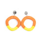 Thats a WRAPAROUND - Multi Threaded Earrings a hammered silver disc gives way to a wooden frame decoratively wrapped in shiny orange and yellow threaded accents, creating a colorful lure. Earring attaches to a standard post fitting.  Sold as one pair of post earrings.