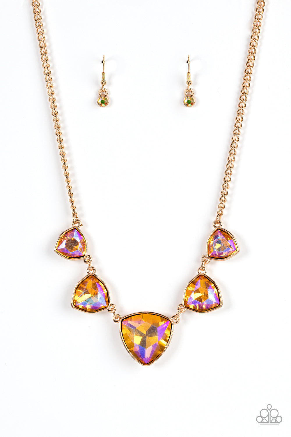 Paparazzi Cosmic Constellations - Gold Gem Necklaces encased in sleek gold fittings, an oversized collection of UV geometric gems gradually increase in size as they link below the collar for a golden statement. Features an adjustable clasp closure.  Sold as one individual necklace. Includes one pair of matching earrings.