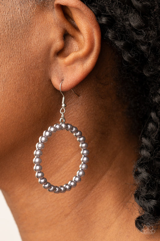 Can I Get a Hallelujah - Silver Pearl Earrings bubbly silver pearls adorn the front of a textured silver hoop, invoking a timeless fashion. Earring attaches to a standard fishhook fitting.  Sold as one pair of earrings.