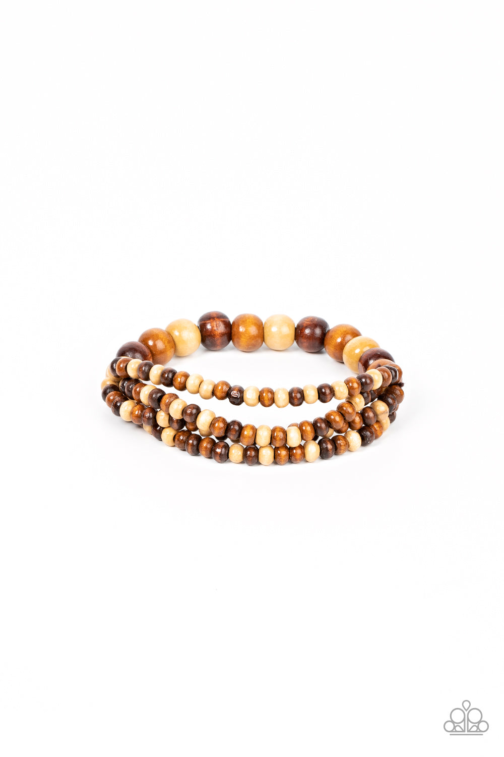 Paparazzi Oceania Oasis - Brown Wood Bracelets varying in natural wooden finishes, stretchy strands of dainty wooden beads attach to a single row of oversized wooden beads around the wrist for an earthy spin on the homespun trend.  Sold as one individual bracelet.