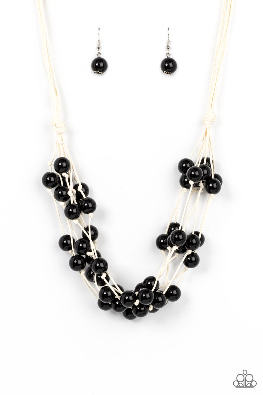 Paparazzi Accessories - Yacht Catch - Black Necklaces a collection of bubbly black beads are knotted in place along strands of white cording, resulting in boisterous layers below the collar. Features a button-loop closure.  Sold as one individual necklace. Includes one pair of matching earrings.
