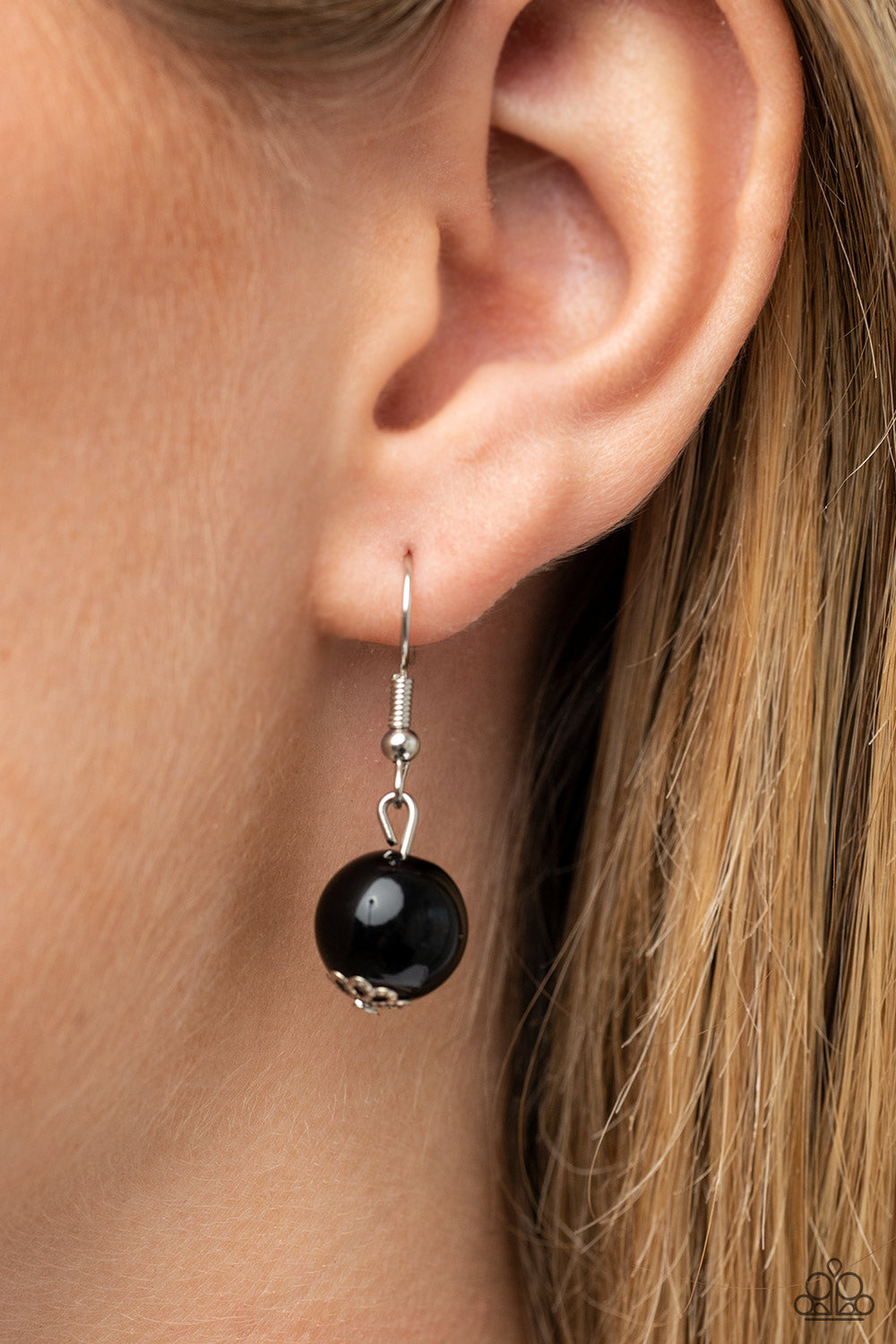 Paparazzi Accessories - Yacht Catch - Black Necklaces a collection of bubbly black beads are knotted in place along strands of white cording, resulting in boisterous layers below the collar. Features a button-loop closure.  Sold as one individual necklace. Includes one pair of matching earrings.