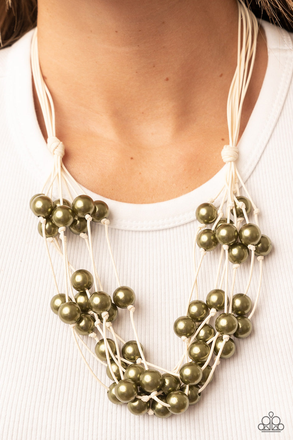 Paparazzi Accessories - Yacht Cacth - Green Beaded Necklaces a collection of bubbly green pearls are knotted in place along strands of white cording, resulting in boisterous layers below the collar. Features a button-loop closure.  Sold as one individual necklace. Includes one pair of matching earrings.