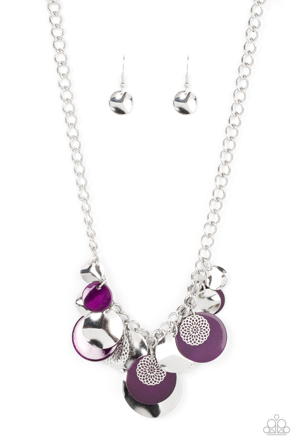 Paparazzi Accessories - Oceanic Opera - Purple Necklaces a summery collection of bent silver discs, plum shell-like discs, and silver mandala-like accents cascades from a pair of layered silver chains, resulting in a bubbly and boisterous fringe below the collar. Features an adjustable clasp closure.  Sold as one individual necklace. Includes one pair of matching earrings.
