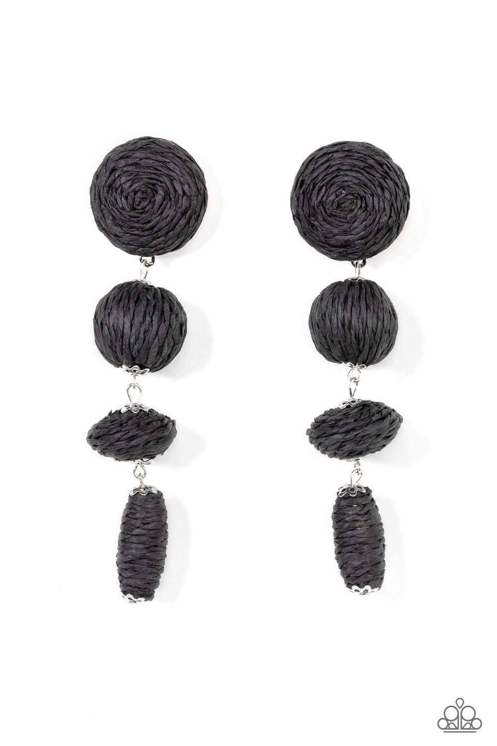Paparazzi Accessories - Twine Tango - Black Crepe-Like Earrings strands of black crepe-like twine wraps around circle, sphere, oval, and oblong frames that delicately connect into a decorative tassel for a trendy homespun finish. Earring attaches to a standard post fitting.  Sold as one pair of post earrings.