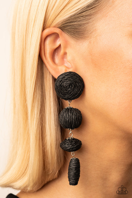 Paparazzi Accessories - Twine Tango - Black Crepe-Like Earrings strands of black crepe-like twine wraps around circle, sphere, oval, and oblong frames that delicately connect into a decorative tassel for a trendy homespun finish. Earring attaches to a standard post fitting.  Sold as one pair of post earrings.