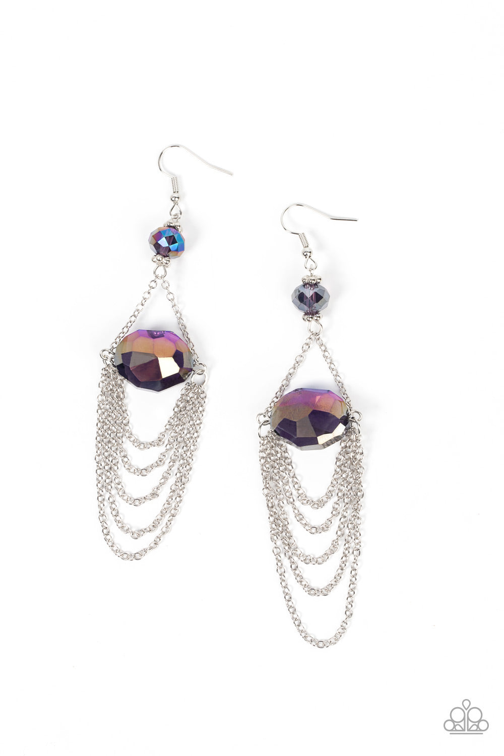 Ethereally Extravagant - Purple Iridescent Gem Earrings tiers of dainty silver chains delicately layer from an oversized oval iridescent purple gem that is suspended from a faceted matching purple crystal-like bead, resulting in an ethereal chandelier. Earring attaches to a standard fishhook fitting.  Sold as one pair of earrings.