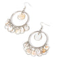 Paparazzi Cabana Charm - White Earrings a summery collection of white shell-like discs and dainty silver rings dances from the top and bottom of a shiny silver hoop, resulting in a beach inspired fringe. Earring attaches to a standard fishhook fitting.  Sold as one pair of earrings.