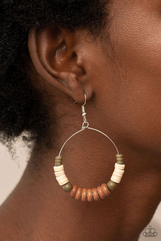 Paparazzi Accessories - Earthy Esteem - Brown Stone Earrings featuring round and disc shapes, an earthy assortment of white, brown, and green stones glides along a dainty wire hoop for an artisan inspired aesthetic. Earring attaches to a standard fishhook fitting.
