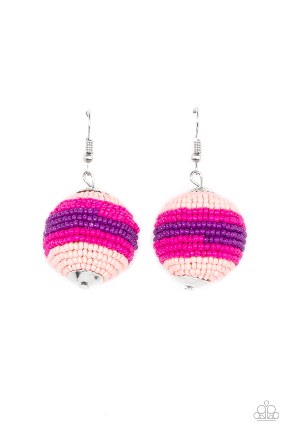 Paparazzi Zest Fest - Pink Seedbead Earrings strands of Pale Rosette, Fuchsia Fedora, and purple seed beads decoratively spin around a spherical frame, resulting in a colorful 3-dimensional display. Earring attaches to a standard fishhook fitting.  Sold as one pair of earrings.
