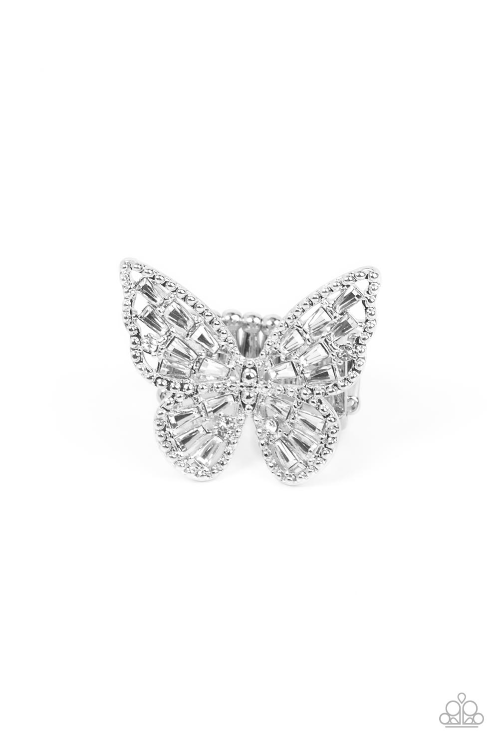 Paparazzi Accessories - Bright-Eyed Butterfly - White Rings a glitzy collection of emerald cut rhinestones are sprinkled across the studded wings of a shiny silver butterfly, resulting in a whimsical centerpiece atop the finger. Features a stretchy band for a flexible fit.  Sold as one individual ring.
