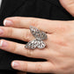 Paparazzi Accessories - Bright-Eyed Butterfly - White Rings a glitzy collection of emerald cut rhinestones are sprinkled across the studded wings of a shiny silver butterfly, resulting in a whimsical centerpiece atop the finger. Features a stretchy band for a flexible fit.  Sold as one individual ring.