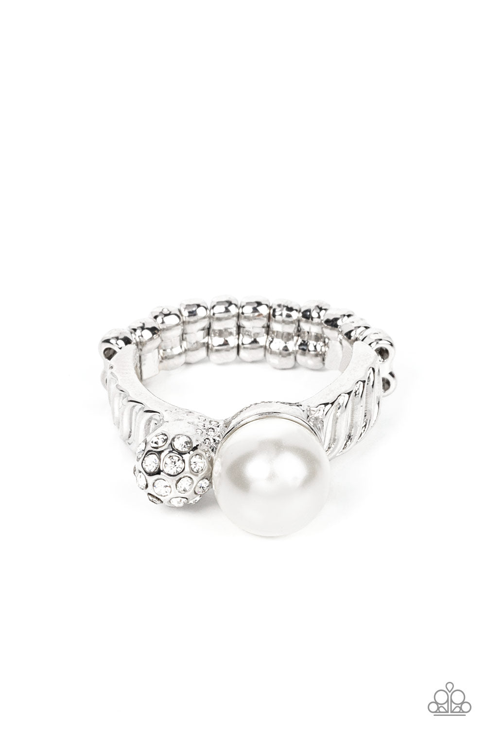 Paparazzi Accessories - A-List Applique - White Pearl Rings an oversized white pearl and white rhinestone encrusted silver bead embellish the front of a serrated silver band, resulting in a bubbly centerpiece atop the finger. Features a dainty stretchy band for a flexible fit.  Sold as one individual ring.