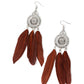 Paparazzi Accessories - Pretty in Plumes - Brown Feather Earrings three brown feathers swing from the bottom of a dizzying silver frame featuring airy filigree detail, resulting in a flirtatiously colorful fringe. Earring attaches to a standard fishhook fitting.  Sold as one pair of earrings.