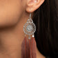 Paparazzi Accessories - Pretty in Plumes - Brown Feather Earrings three brown feathers swing from the bottom of a dizzying silver frame featuring airy filigree detail, resulting in a flirtatiously colorful fringe. Earring attaches to a standard fishhook fitting.  Sold as one pair of earrings.