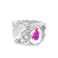 Paparazzi SELFIE-Indulgence - Multi Rhinestone Rings a white rhinestone dotted silver ribbon loops and slants over a tilted white cat's eye stone and iridescent teardrop gem, culminating into a stellar centerpiece. Features a stretchy band for a flexible fit.  Sold as one individual ring.
