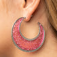 Charismatically Curvy - Pink Half Moon Earrings flecked in silver shavings, a glistening pink acrylic half moon frame is bordered with flat shiny bars that coalesce into a curvaceous hoop. Earring attaches to a standard post fitting. Hoop measures approximately 2" in diameter.  Sold as one pair of hoop earrings.