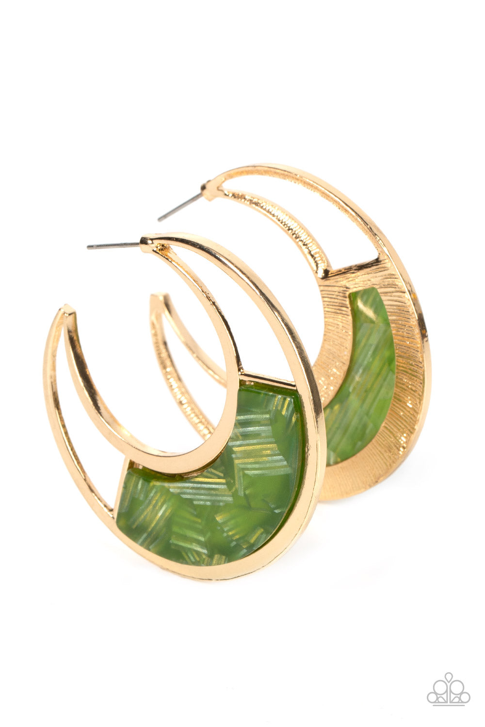 Paparazzi Accessories - Contemporary Curves - Green Hoop Earrings green acrylic plate featuring flashes of silver and gold accents adorns the center of a gold half moon frame, coalescing into a trendy hoop. Earring attaches to a standard post fitting. Hoop measures approximately 2" in diameter.  Sold as one pair of hoop earrings.
