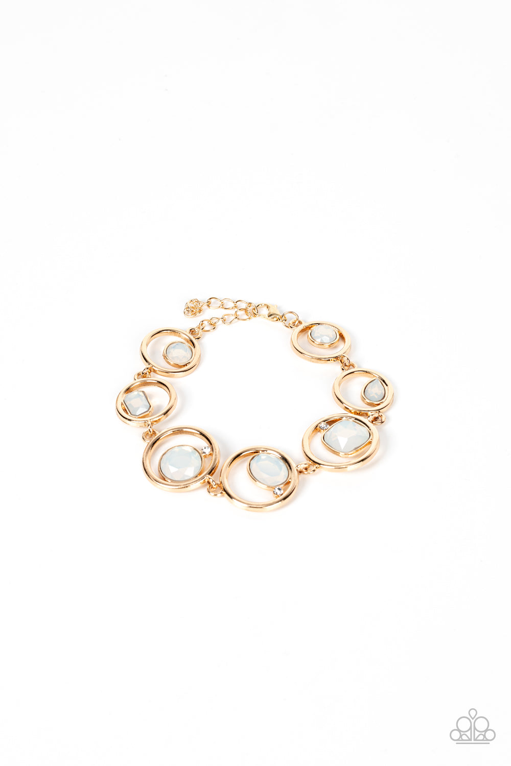 Paparazzi Date Night Drama - Gold Bracelets a sporadically infused with dainty white rhinestones, a glittery collection of round, teardrop, and emerald cut opal rhinestones haphazardly adorn the centers of interlocking gold hoops around the wrist for a mesmerizing finish. Features an adjustable clasp closure.  Sold as one individual bracelet.  Get The Complete Look! Necklace: "Big Night Out - Gold" (Sold Separately)