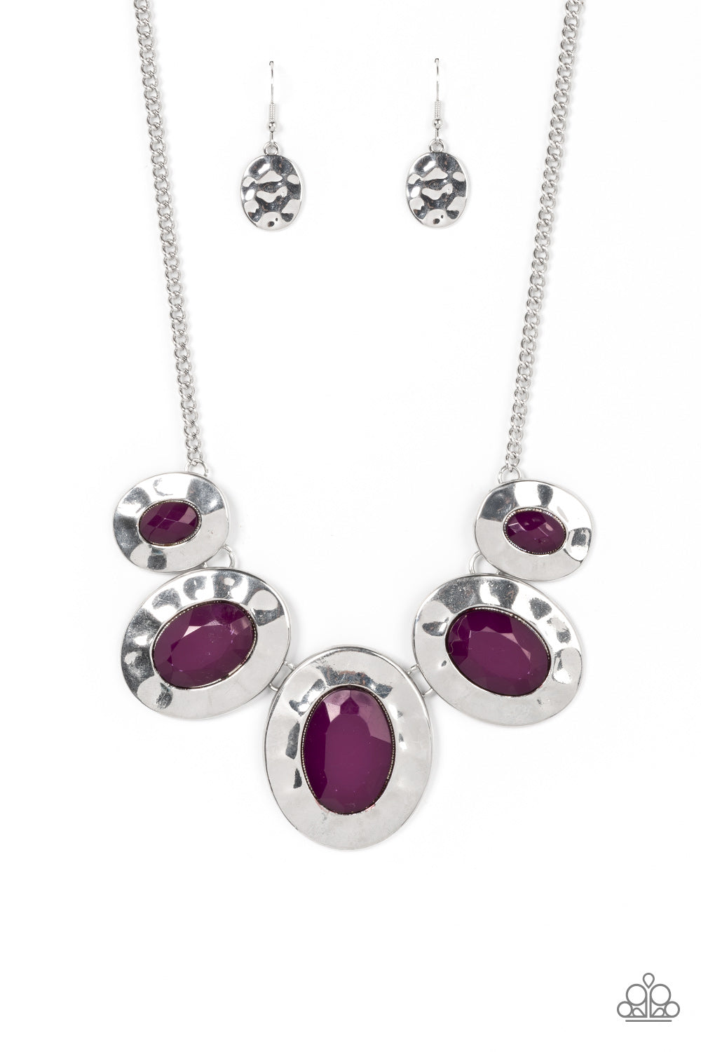 Paparazzi Accessories - Rivera Rendezvous - Purple Necklaces gradually increasing in size, hammered silver oval frames are dotted with faceted plum beads as they delicately link below the collar for a vivacious pop of color. Features an adjustable clasp closure.  Sold as one individual necklace. Includes one pair of matching earrings.